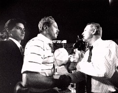 Herb Vincent (left) after LSU upset No. 4 Auburn (7-6) in Vincent’s first year as SID at LSU in the Earthquake Game.